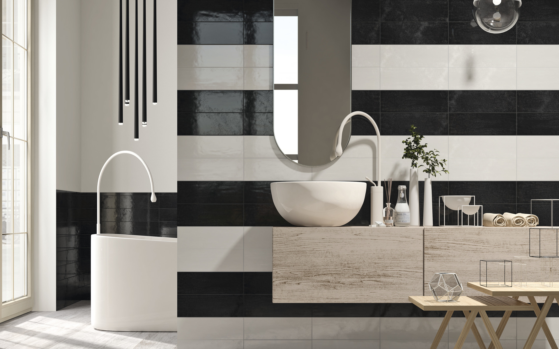 Intrigue Black and White tile installed in striped pattern. bathroom design