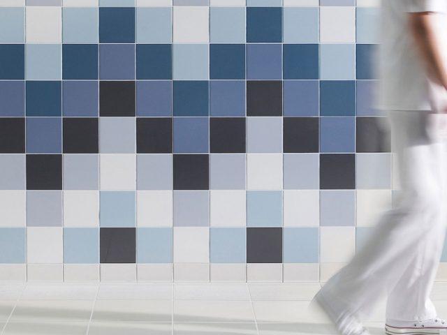 blue and black square tiled wall