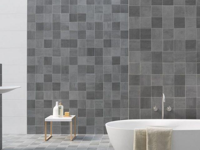 gray square tiled bathroom floor and wall
