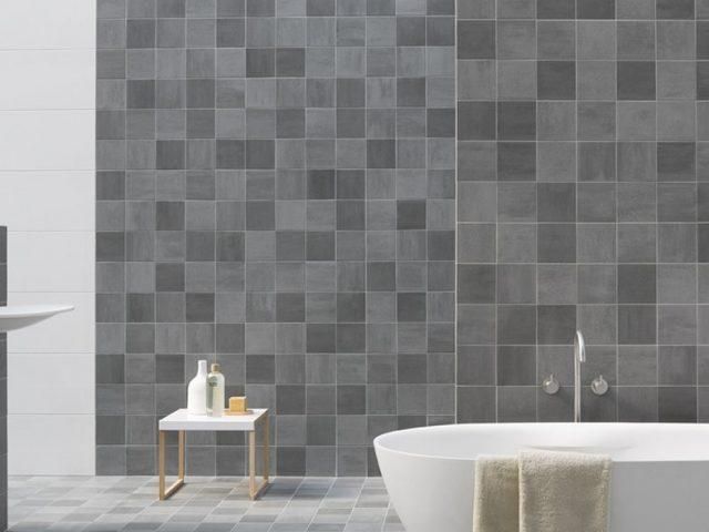 gray square tiled bathroom floor and wall