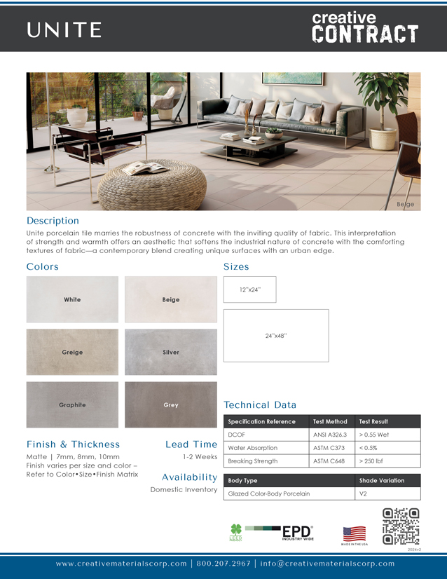 Unite Concrete-Look Porcelain Tile Cutsheet