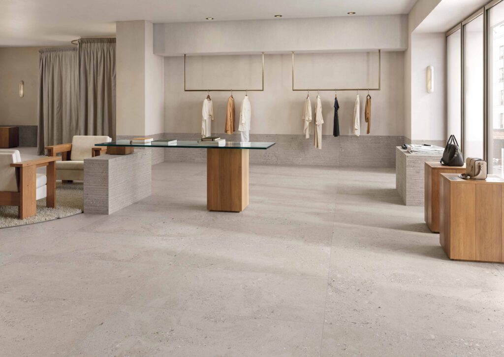 A serene retail environment using a like stone aesthetic tile