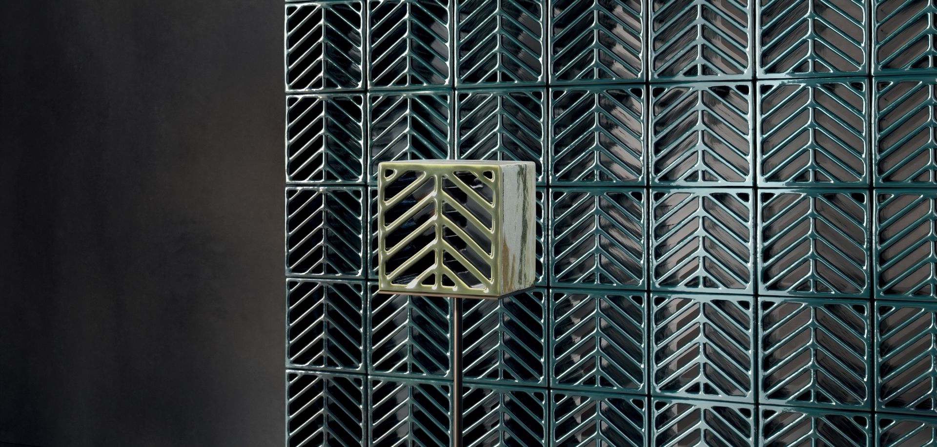 The breeze block collection Aperture from Creative Materials showing Verdant and Petrol
