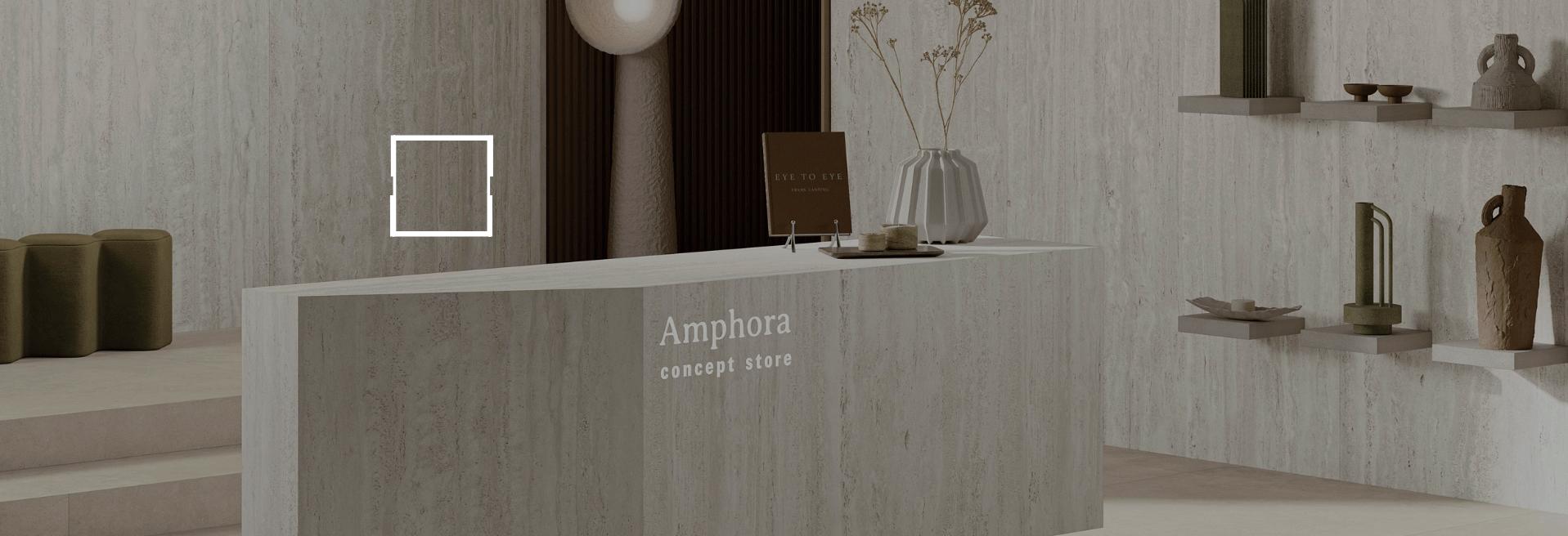 A concept store with veined travertine, with a focus on product matching.