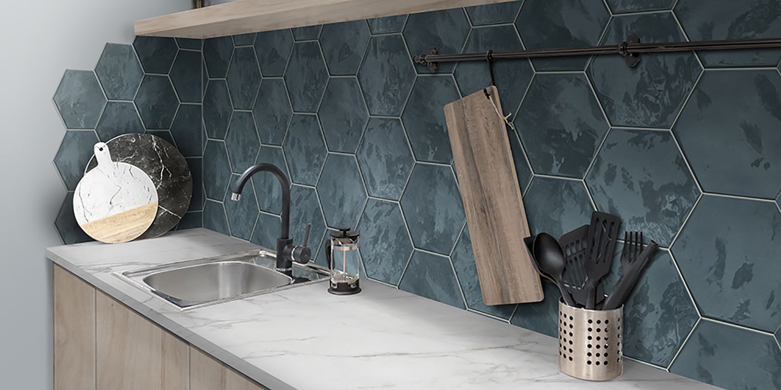 Wall tile: Placid Blue Glossy 7x6 Hexagon